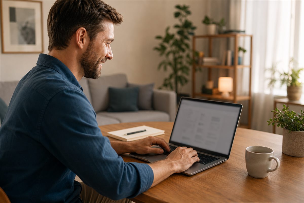 Verwaltender Eigentümer arbeitet am Laptop